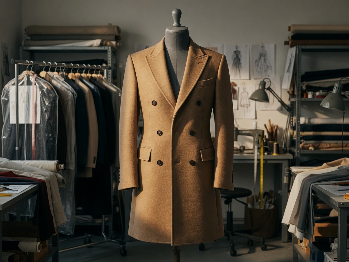 Camel overcoat, invisible mannequin — before