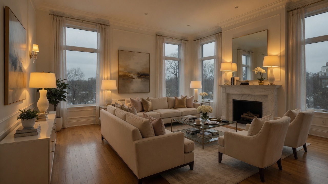 Living room, day-to-dusk — before